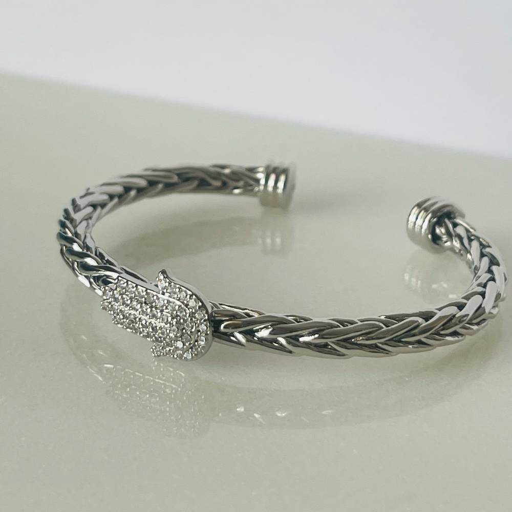 Hamsa Bracelet Cuff Evil Eye Rhodium Plated